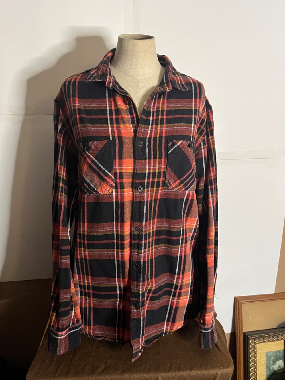 😄Unisex Ultimate flannel plaid shirt buttons pockets oranges black